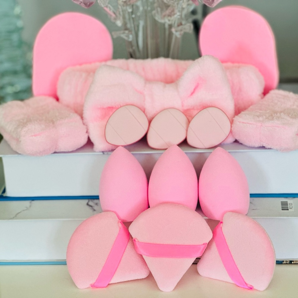 Pink Makeup Sponge and Headband Set for Women (14 pcs)